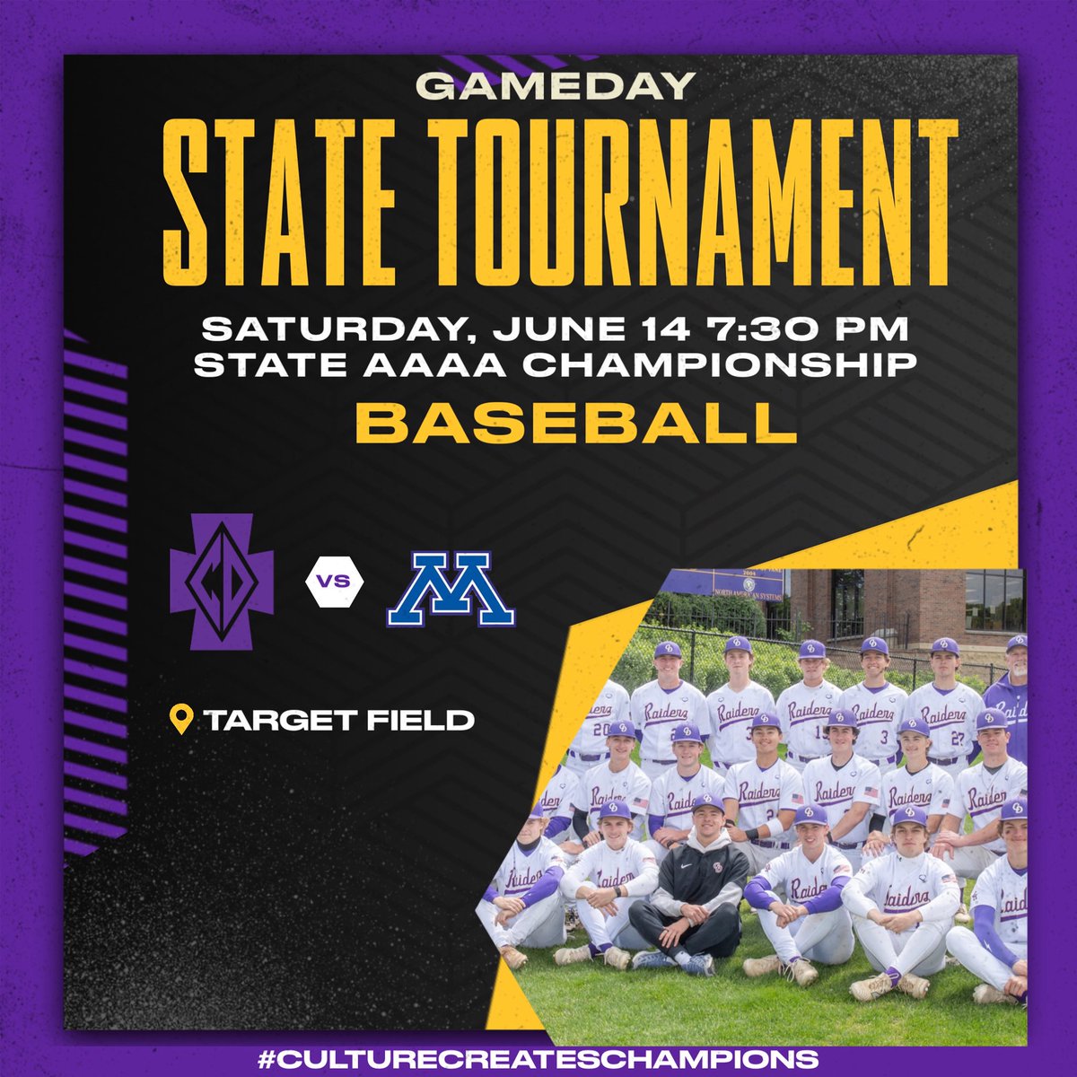 It’s a great day to be a Raider!!! CDH Baseball takes on Minnetonka for the MSHSL Class AAAA State Championship tonight at Target Field. First pitch is at 7:30pm