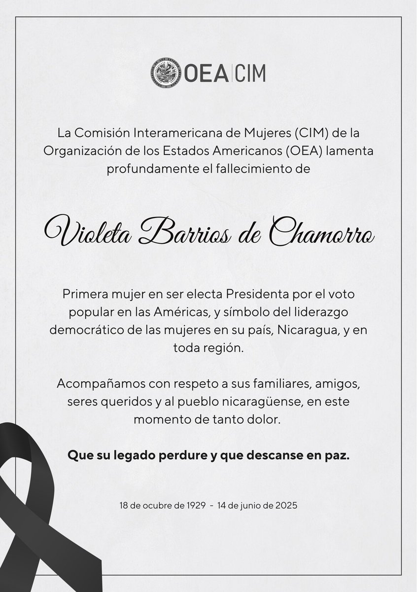 La Comisión Interamericana de Mujeres (CIM/OEA) lamenta profundamente el fallecimiento de doña Violeta Barrios de Chamorro.