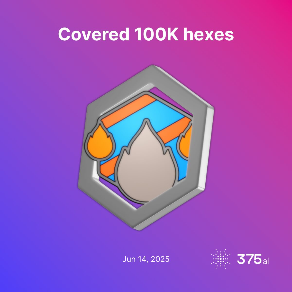 I just unlocked the "Covered 100K hexes" achievement in #375go! 🎉

Join me and get a bonus when you sign up!

testnet.375.ai/auth?invitatio…

#discovergo by <a href="/375ai_/">375ai</a>