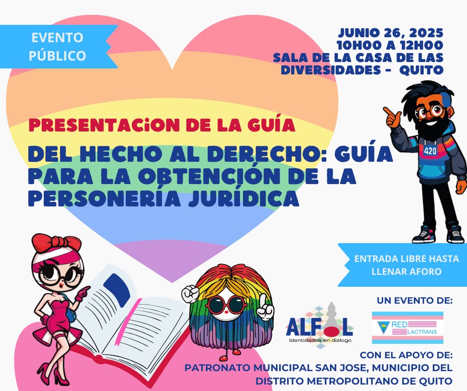 #NoticiasalMomento #OrgulloLGBTIQ 🏳️‍⚧️🏳️‍🌈
📌#AsociacionALFIL #Redlactrans 
🟢 #EventoPresencial
📌#DelHechoAlDerecho Guía Obtención de Personería Juridica ONGs #PoblacionClave #PVV
📅 Junio 26, 2025
⏰ 10H00 #Ecuador 🇪🇨
🏢 Casa de las Diversidades, C/ Galápagos OE6-147 y C/ Cuenca
