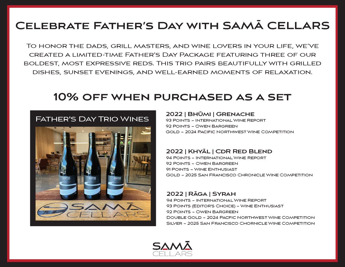 Make this Father's Day unforgettable with special deals at Sama Cellars! Because Dad deserves the best. 🍷🎉