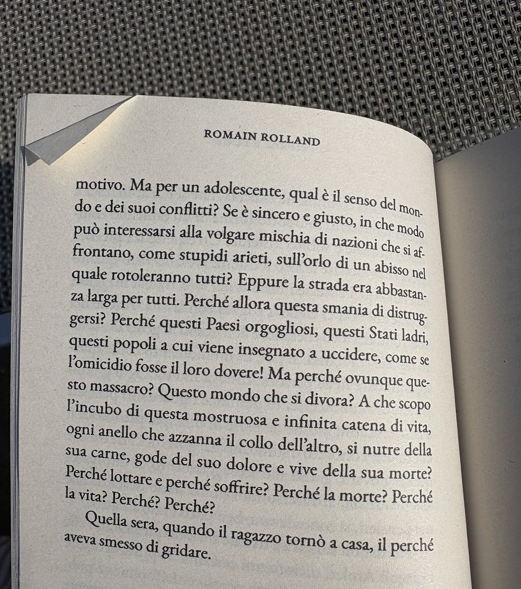 Ma per un adolescente, qual è il senso del mondo e dei suoi conflitti? Se è sincero e giusto, in che modo può interessarsi alla volgare mischia di nazioni che si affrontano, come stupidi arieti, sull'orlo di un abisso nel quale rotoleranno tutti?