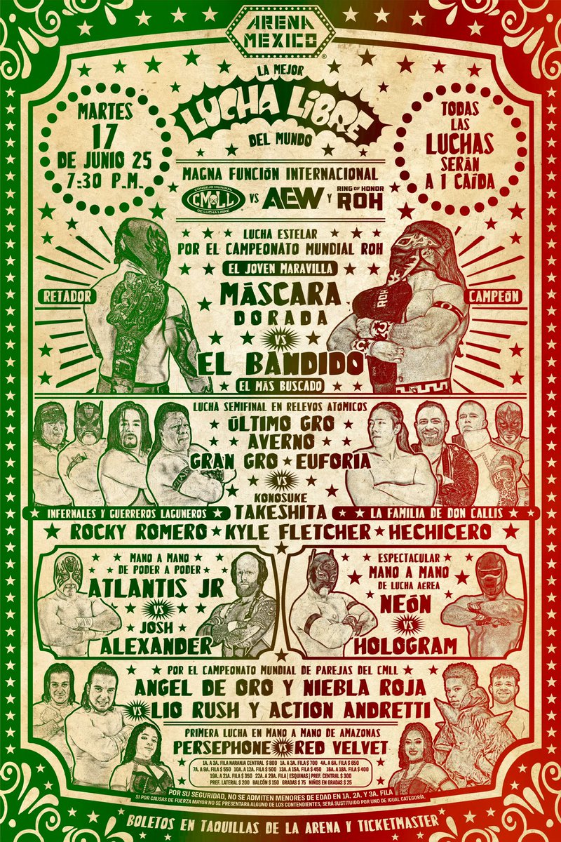 Your official card for the CMLL vs AEW/ROH show on June 17, this Tuesday... HEADLINED BY BANDIDO VS MÁSCARA DORADA.

THE NIGHT BEFORE GRAND SLAM: MEXICO. 🇲🇽