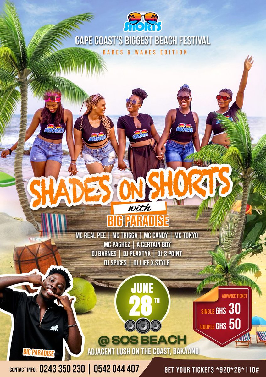 SEA you at the beach!! 🫵🏾🌊🏝️
Cape Coast, good vibes only 😎🌞
Rock your shades and shorts, we outside for real!

🎟️ Snag that early bird ticket now: *920*26*110#
Let’s make waves! 🌊✨ 
@Quophieparadise

#SOS2025 #CapeCoastBeachFestival #ShadesOnShorts #BeachVibesOnly