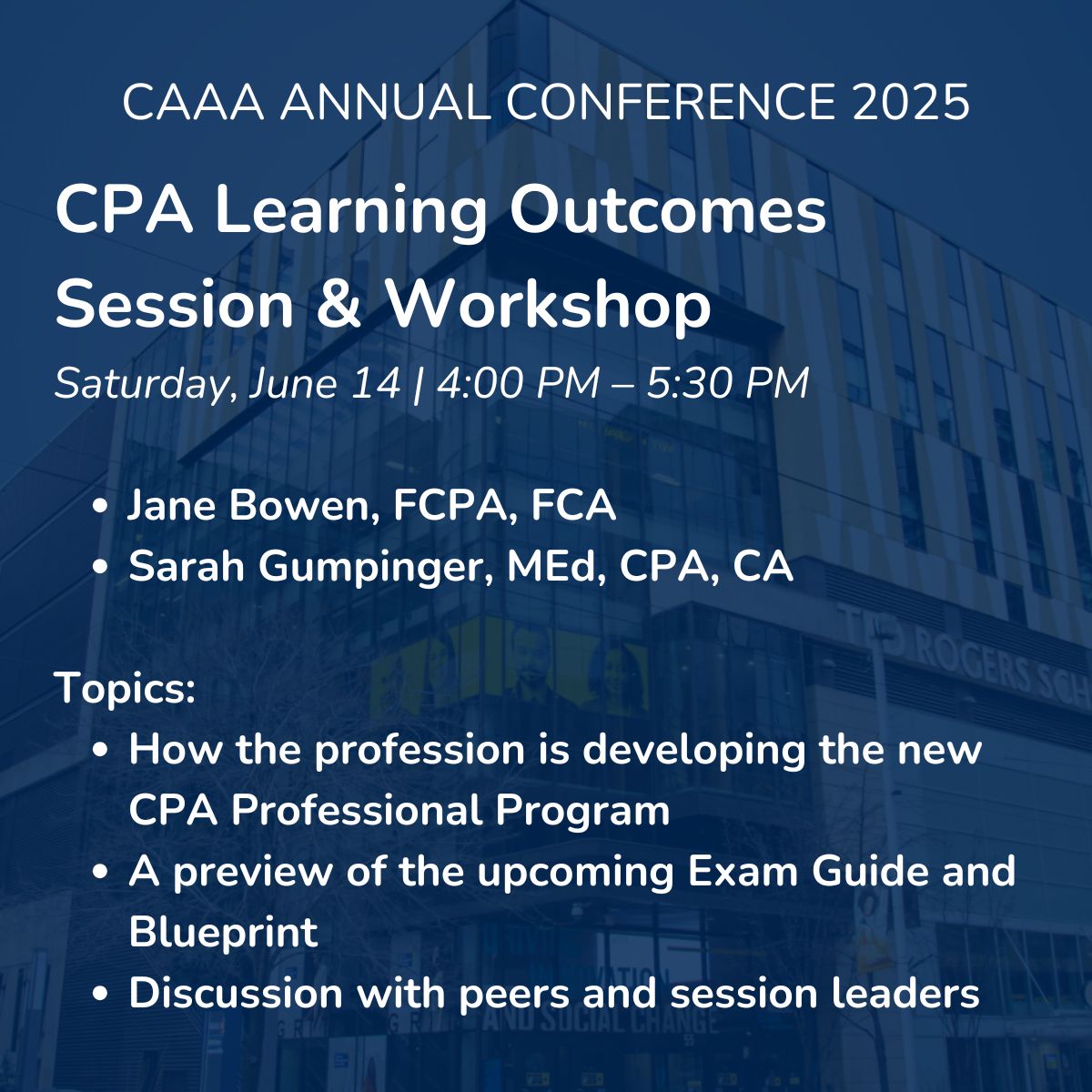 📣 Happening today at #CAAA2025!

CPA Learning Outcomes Session &amp; Workshop
🕓 4:00–5:30 PM
👥 Jane Bowen, FCPA, FCA
👥 Sarah Gumpinger, MEd, CPA, CA

🔍 Explore the new CPA Professional Program, CM 2.0, and preview the upcoming Exam Guide.

📍Details: xcdsystem.com/caaa/program/b…
