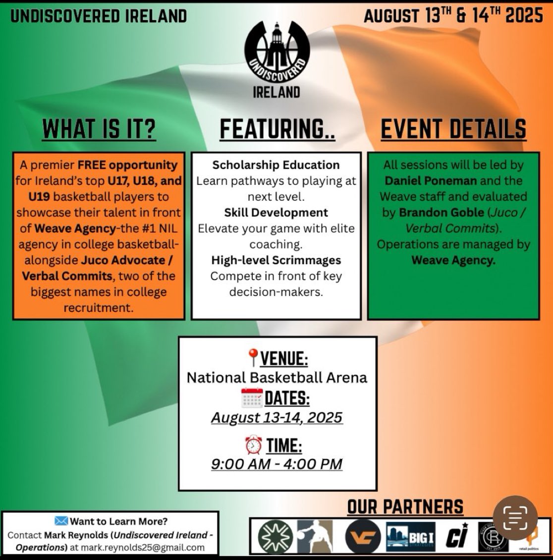 Jake Lieberman (@jakelieberman2) on Twitter photo Undiscovered Basketball, powered by <a href="/WEAVE/">WEAVE</a>, heads to Ireland. 🇮🇪.
📍 Dublin | 🗓 Aug 13–14, 2025
®️ Invite-only showcase for U17–U19 talent
🔗 Supported by <a href="/JUCOadvocate/">JUCOadvocate - Brandon Goble</a> & <a href="/VerbalCommits/">Verbal Commits</a>.
👥 Led by @danielponeman + <a href="/JUCOadvocate/">JUCOadvocate - Brandon Goble</a>. Undiscovered Basketball, powered by <a href="/WEAVE/">WEAVE</a>, heads to Ireland. 🇮🇪.
📍 Dublin | 🗓 Aug 13–14, 2025
®️ Invite-only showcase for U17–U19 talent
🔗 Supported by <a href="/JUCOadvocate/">JUCOadvocate - Brandon Goble</a> & <a href="/VerbalCommits/">Verbal Commits</a>.
👥 Led by @danielponeman + <a href="/JUCOadvocate/">JUCOadvocate - Brandon Goble</a>.