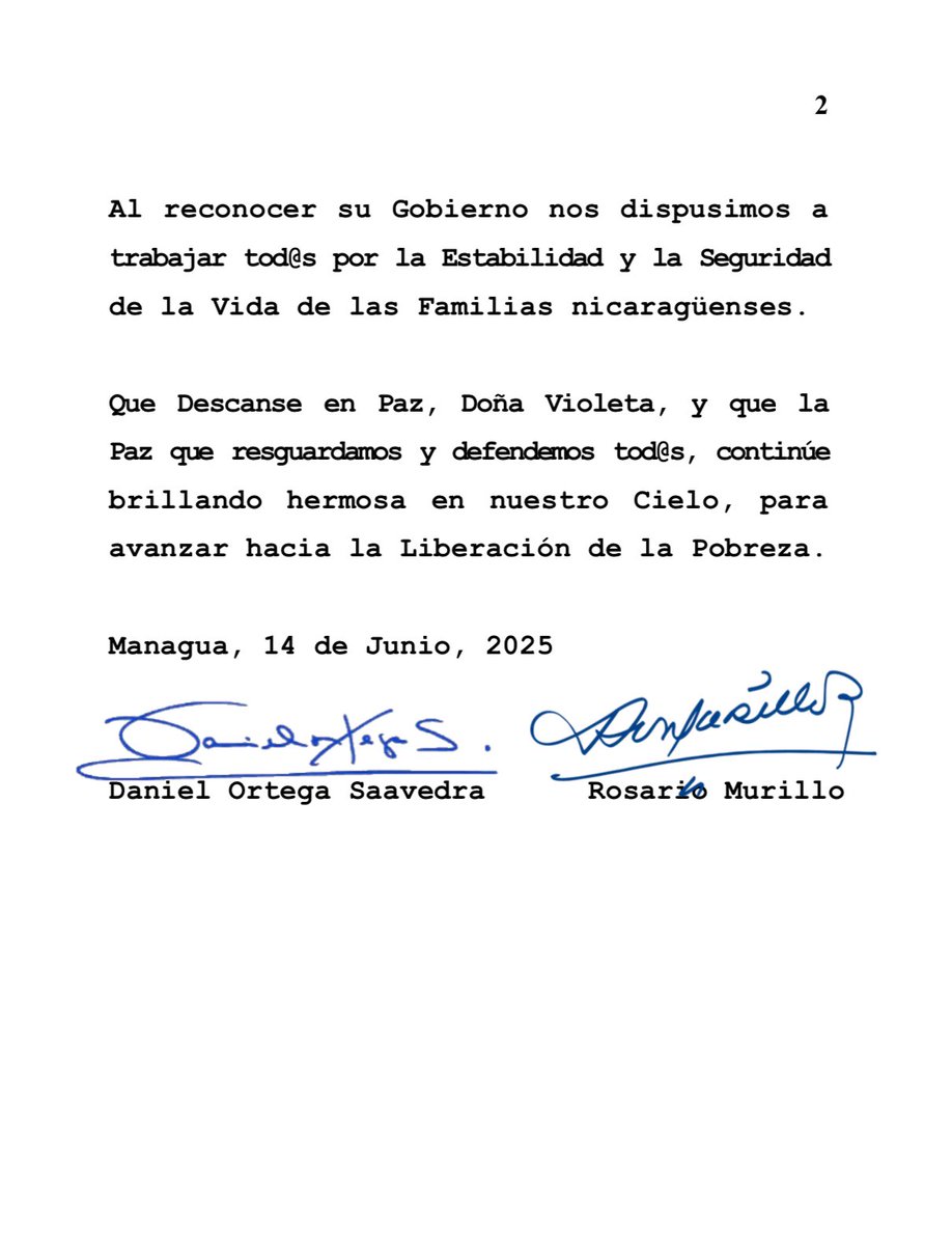 Mensaje del Gobierno de Reconciliación y Unidad Nacional de Nicaragua ante el fallecimiento de Doña Violeta Barrios de Chamorro, ex-Presidenta de Nicaragua.