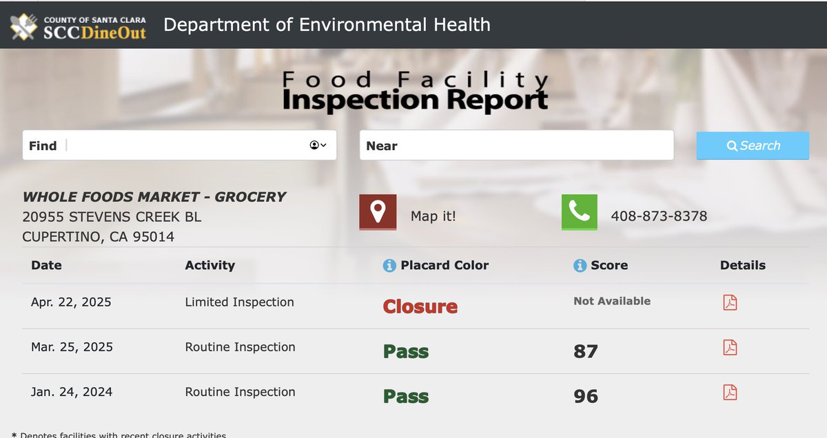 "Cupertino Whole Foods closure prolongs. Experts warn of brand damage" reports <a href="/svbizjournal/">Silicon Valley Business Journal</a>:
bizjournals.com/sanjose/news/2…
Santa Clara County Department of Environmental Health closed it 4/22/2025 because of vermin. Still closed.