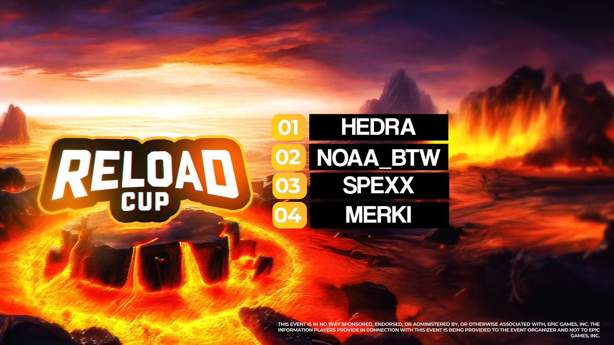 Here are the 4 winners of our 1k Solo Reload Victory Cup.

<a href="/HedraFn/">Hedra</a> 
<a href="/NoahBTW12/">NoAA_btw</a> 
<a href="/Spexxfnr/">Spexx</a> 
<a href="/merkifv/">MerkÍ</a> 

Thank you for playing❤️