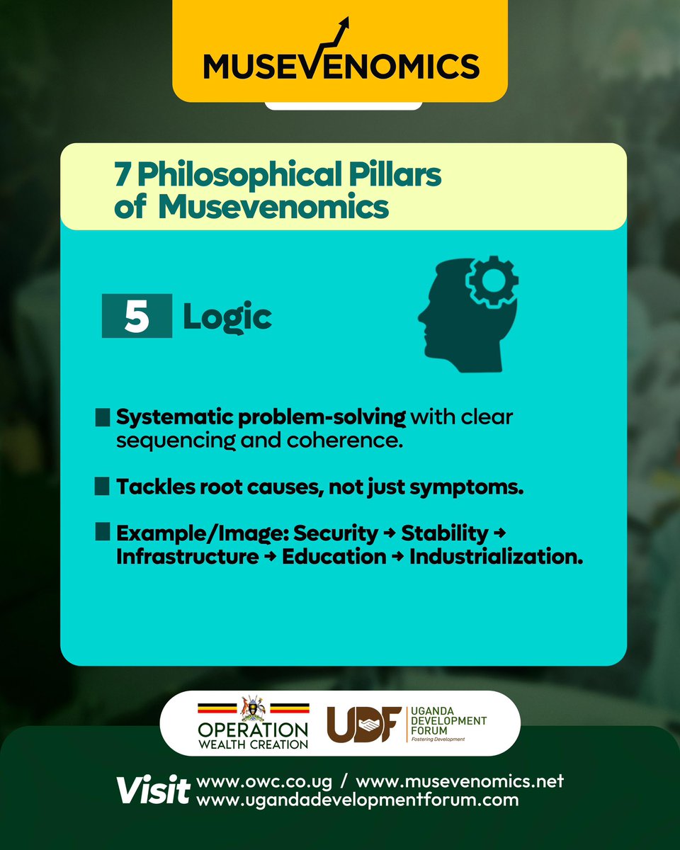 Logic, the fifth pillar of #Musevenomics, focuses on systematic problem-solving—tackling the root causes of issues rather than just the symptoms. For ordinary Ugandans, this means <a href="/GovUganda/">Government of Uganda</a> programs are thoughtfully designed for long-term impact. A strong example is the