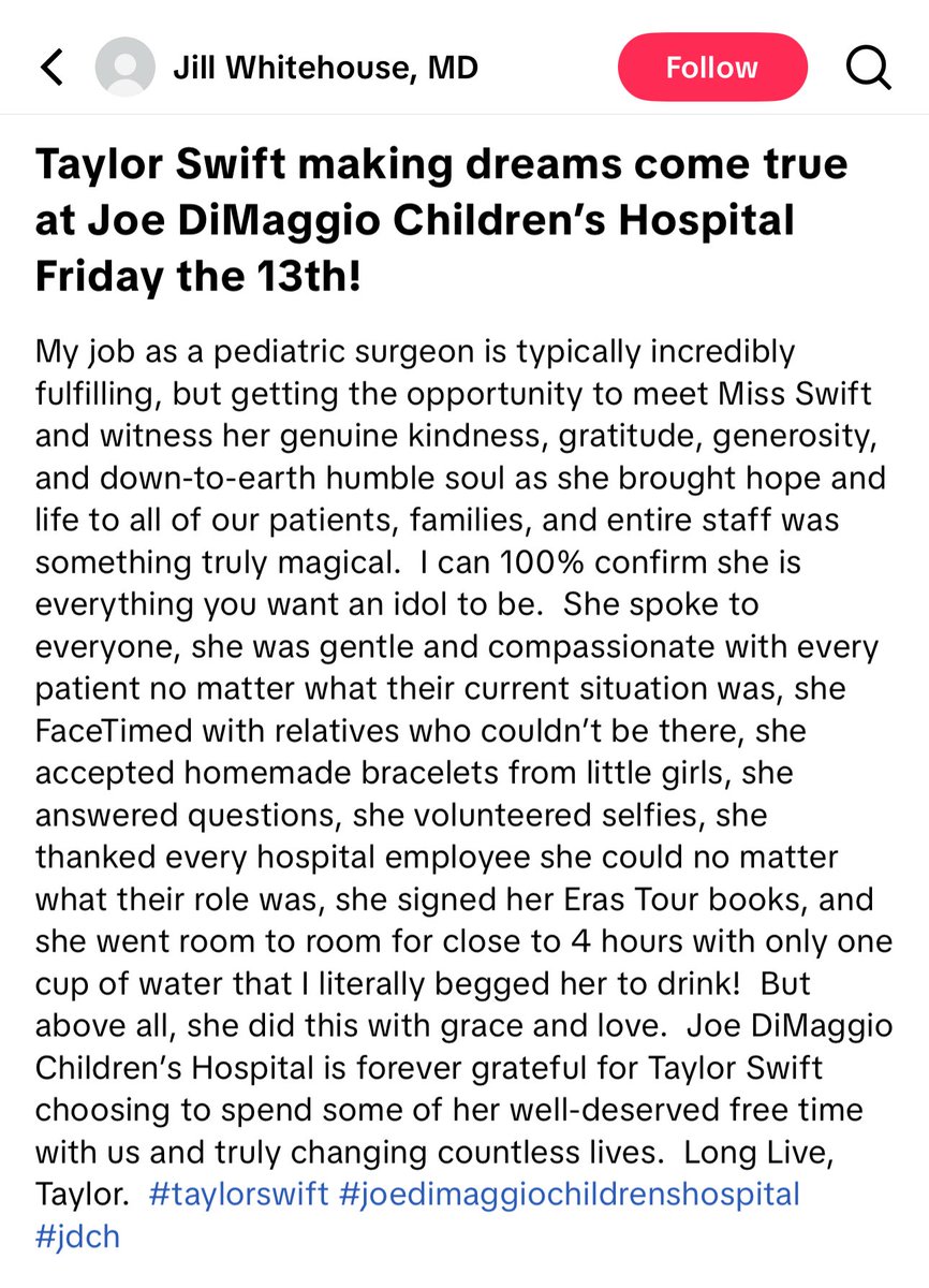 Una de las doctoras del hospital al que Taylor asistió habló sobre su experiencia con Taylor, y reveló que Taylor estuvo ahí durante 4 horas. 

Puedo confirmar al 100% que ella es todo lo que uno desea que sea un ídolo. Habló con todos, fue amable y compasiva con cada paciente