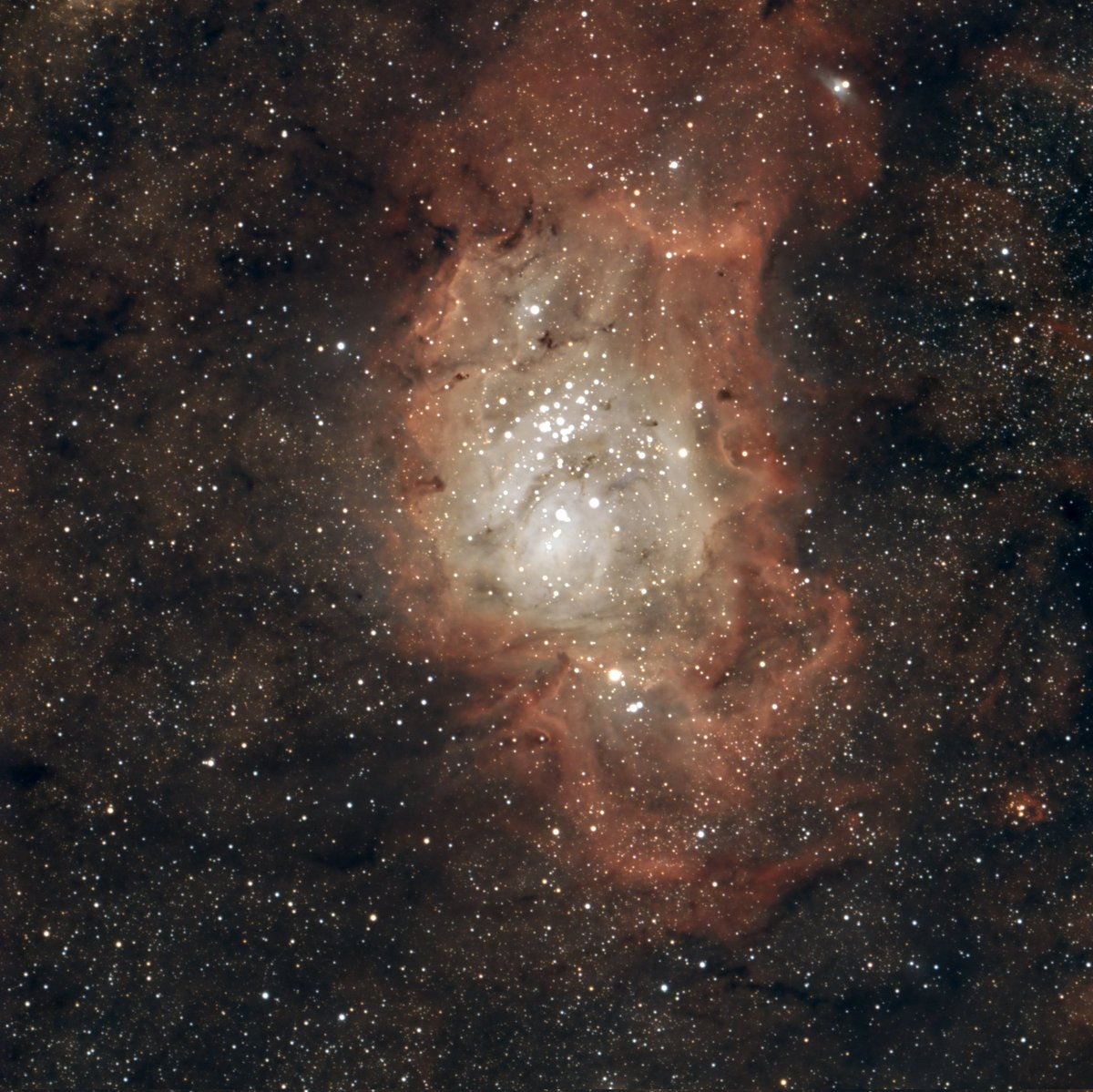 Skywatc4's tweet photo. M8  Lagoon Nebula 
Exp 4 hours + dark/bias/flat 
AskarFRA400 
ZWO AM3
ZWO MC533PRO
ZWO ASI120MM Guide camera
SV240mm Guide scope
Optolong LQuad Enhance 
SHO
SIRIL/GraExpert/PS https://t.co/qHj3xR5ee0