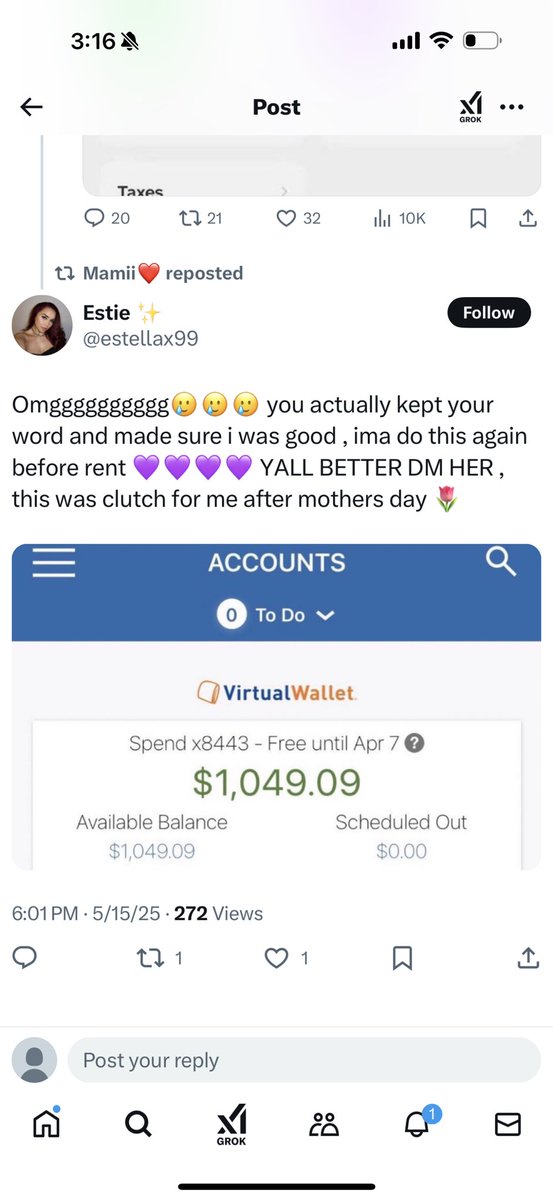 In response to her latest fake giveaway, <a href="/Itzz_Mamii/">Mamii❤️</a> posted a response from <a href="/estellax99/">Estie ✨</a>, one of her “winners,” saying that people would see “different ppl get paid.”

As a reminder, these “winners” are alt accounts of this scammer, and in reality, it’s the same accounts getting