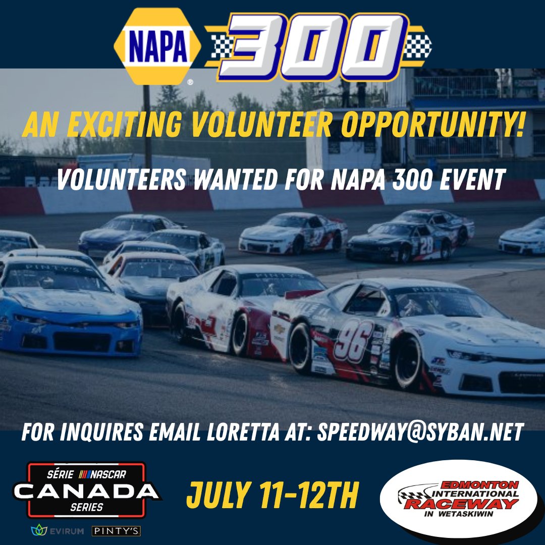 EIR - NASCAR TRACK (@eirnascar) on Twitter photo We are looking for volunteers July 11th and 12th for the NAPA 300 event! An exciting opportunity to help out and experience the races. For inquiries please email Loretta at: speedway@syban.net
#volunteering #edmonton #volunteeredmonton #NASCAR #napa #yycevents #yegevents We are looking for volunteers July 11th and 12th for the NAPA 300 event! An exciting opportunity to help out and experience the races. For inquiries please email Loretta at: speedway@syban.net
#volunteering #edmonton #volunteeredmonton #NASCAR #napa #yycevents #yegevents