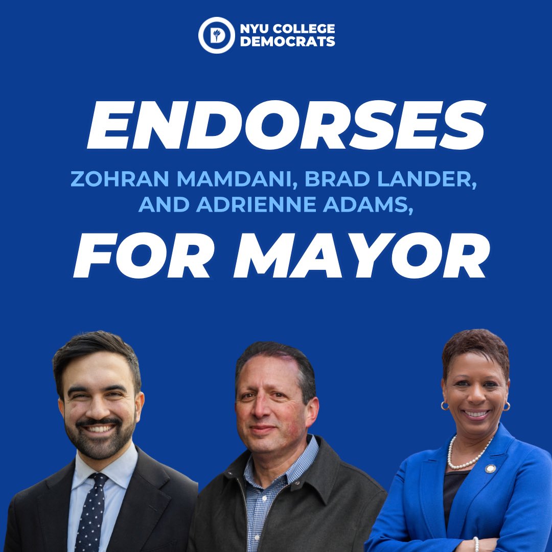 NYUDems's tweet photo. NYU Dems updated our endorsement slate! We are proud to rank Assembly Member @zohrankmamdani first, alongside a slate including City Comptroller @bradlander, and City Council Speaker @adrienne4thepeople. 

Be sure to vote by June 24th to make your voice heard! https://t.co/fGd3Q5DV7z