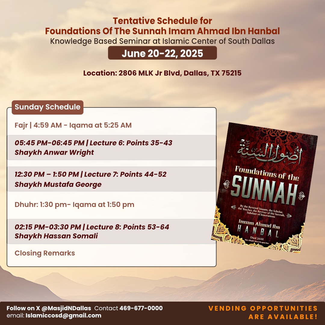 Islamic Center South Dallas (@masjidndallas) on Twitter photo السلام عليكم ورحمة الله وبركاته
Al hamdulillah, we are excited and now 6 days away from this beautiful upcoming conference. <a href="/hikmahpubs/">Hikmah Publications</a> <a href="/Mustafa_George/">Mustafa George</a> <a href="/anwarphilly/">Anwar Wright</a> The books will be available for purchase at the seminar. We will be live on mixir. إن شاء الله السلام عليكم ورحمة الله وبركاته
Al hamdulillah, we are excited and now 6 days away from this beautiful upcoming conference. <a href="/hikmahpubs/">Hikmah Publications</a> <a href="/Mustafa_George/">Mustafa George</a> <a href="/anwarphilly/">Anwar Wright</a> The books will be available for purchase at the seminar. We will be live on mixir. إن شاء الله
