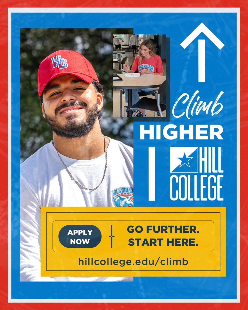 HillCollege's tweet image. Big goals? Let’s go!!
Whether you're aiming for a career, a transfer degree, or a fresh start—Hill College is where momentum begins.
Go further. Start here.
Because every climb starts with one strong step. 
#ClimbHigher #HillCollege #GoFurtherStartHere