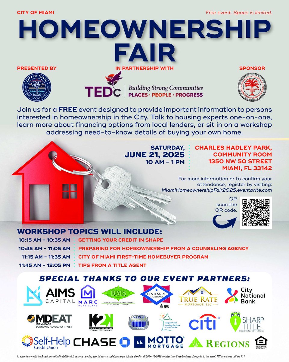 CityofMiami's tweet image. 🏡 Thinking about buying a home in Miami? Join us at the FREE Homeownership Fair on Saturday, June 21 from 10 AM to 1 PM at Charles Hadley Park! Learn about financing, credit, and first-time buyer programs. Register: …iHomeownershipFair2025.eventbrite.com #MiamiHousing #Homeownership