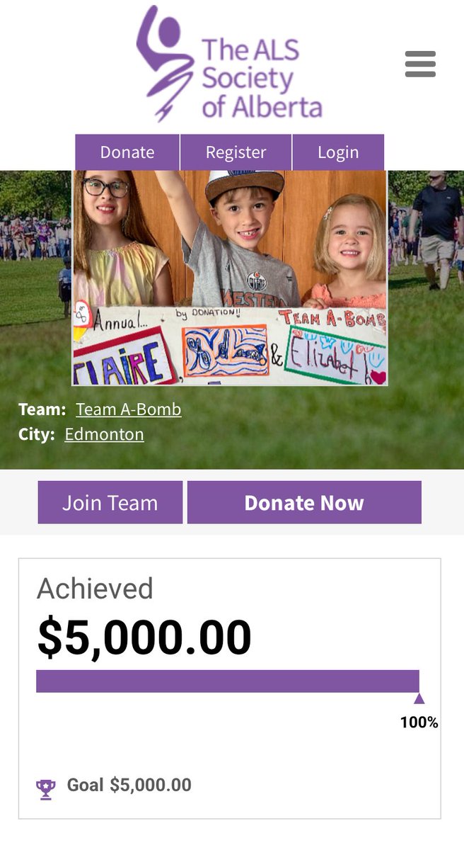 Incredible! $5000 in support of <a href="/ALS_AB/">ALS Society of AB</a>. 

Claire, Adam and Elizabeth reached their fundraising goal again this year thanks to your kindness and generosity. 

From our family to yours, thank you 💜🍋