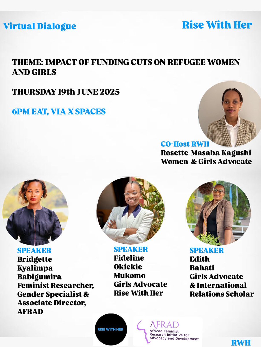 Rise With Her (@with_her52778) on Twitter photo Join us for a discussion under the theme: The impact of funding cuts on women and girls in refugee-hosting communities in Uganda. ๐๐๐
Find the link ๐in our bio.
@afrad_ug <a href="/Brie_2_0/">Bridgette ๐ป๐ฆ๐ป</a> <a href="/Rosette_Mk/">Rosette Masaba Kagushi</a>
<a href="/edithkal88/">edith bahatij</a> <a href="/FidelineMukomo/">Fideline Mukomo okiekie</a>
#women #girls Join us for a discussion under the theme: The impact of funding cuts on women and girls in refugee-hosting communities in Uganda. ๐๐๐
Find the link ๐in our bio.
@afrad_ug <a href="/Brie_2_0/">Bridgette ๐ป๐ฆ๐ป</a> <a href="/Rosette_Mk/">Rosette Masaba Kagushi</a>
<a href="/edithkal88/">edith bahatij</a> <a href="/FidelineMukomo/">Fideline Mukomo okiekie</a>
#women #girls