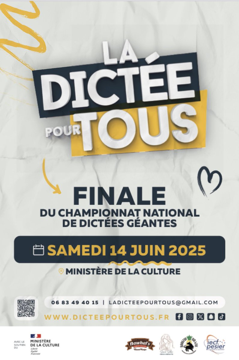 GRANDE DICTÉE (@ladicteept) on Twitter photo 📚 FINALE NATIONALE DE LA <a href="/dicteepourtous/">La dictée pour tous</a> 🇫🇷
C’est le grand jour ! Après un magnifique tour de France des mots, nous voici réunis pour la finale 💫
📍Ministère de la Culture
🗓️ Samedi 14 juin 2025
🤝 Merci à Madame la Ministre de la Culture <a href="/datirachida/">Rachida Dati ن</a> <a href="/MinistereCC/">Ministère de la Culture 🇫🇷</a>
#dictee 📚 FINALE NATIONALE DE LA <a href="/dicteepourtous/">La dictée pour tous</a> 🇫🇷
C’est le grand jour ! Après un magnifique tour de France des mots, nous voici réunis pour la finale 💫
📍Ministère de la Culture
🗓️ Samedi 14 juin 2025
🤝 Merci à Madame la Ministre de la Culture <a href="/datirachida/">Rachida Dati ن</a> <a href="/MinistereCC/">Ministère de la Culture 🇫🇷</a>
#dictee