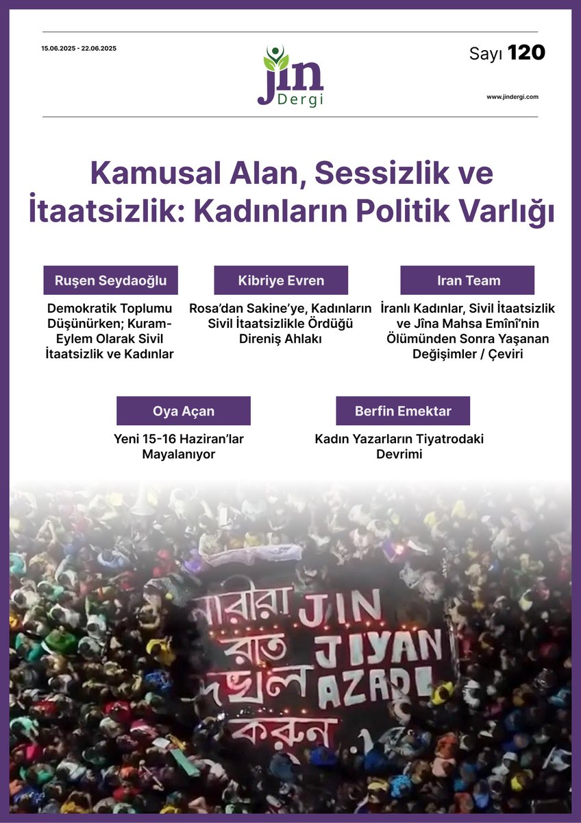 JinDergi's tweet photo. 📢  Yayındayız!

🟣 120. sayımız "Kamusal Alan, Sessizlik ve İtaatsizlik: Kadınların Politik Varlığı" kapağı ile yayımlandı

Tüm başlıklar için👇
https://t.co/hKeF5FZhXe https://t.co/wGoSdfE95J