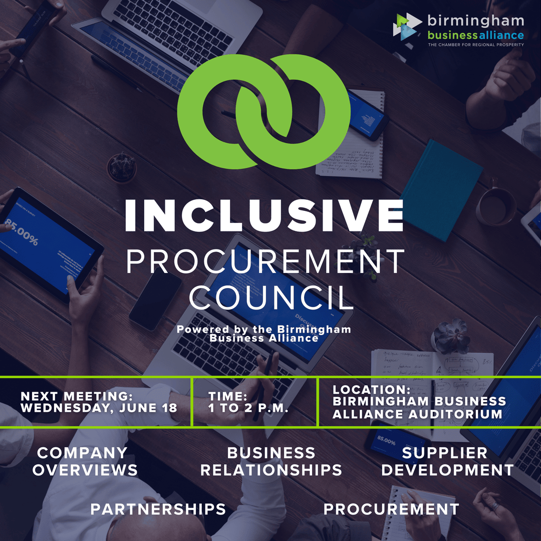 On June 18 from 1 to 2 p.m., join us for the Inclusive Procurement Council, powered by the BBA! 🤝 This collaborative initiative works to expand procurement opportunities for small businesses across the Birmingham region. RSVP: heyor.ca/pa9YCv.
#BHMHasMore #BHMBizAlliance