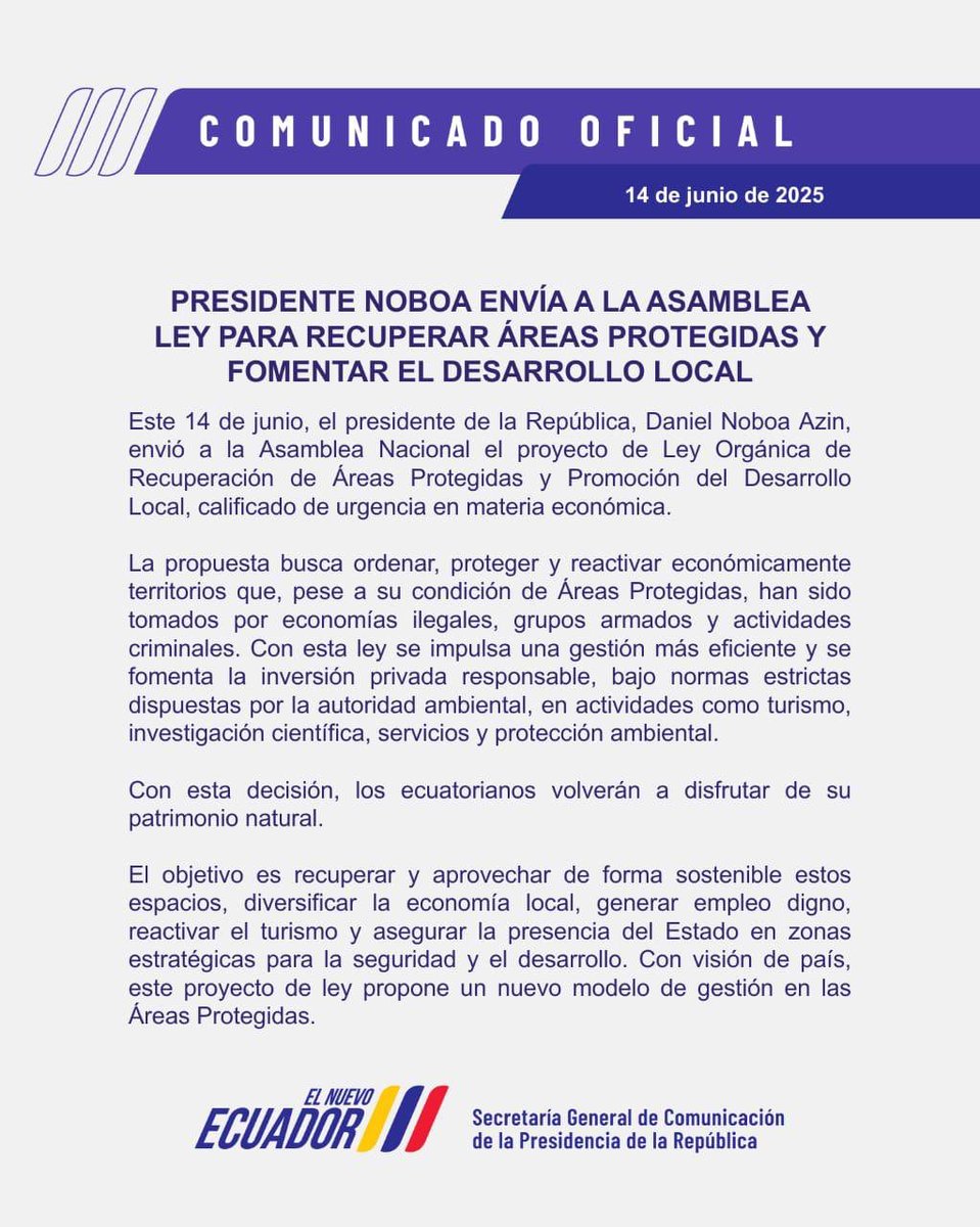 AHÍ VA LA TERCERA

El presidente <a href="/DanielNoboaOk/">Daniel Noboa Azin</a> remite a la <a href="/AsambleaEcuador/">Asamblea Nacional</a> el proyecto de Ley de Recuperación de Áreas Protegidas y Promoción del Desarrollo Local, con carácter de urgencia económica.