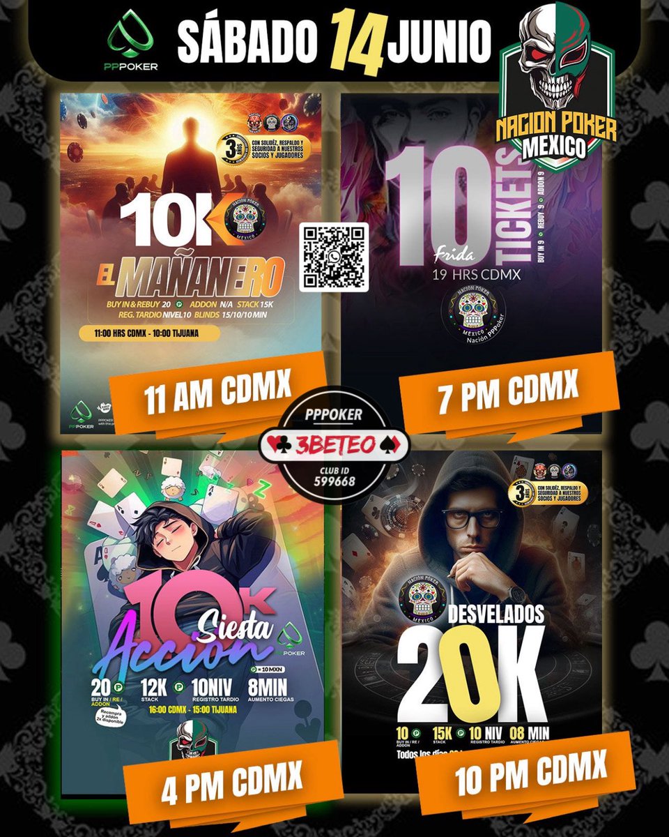 🎉 ¡Atención nuevos jugadores de póker online!
¿Listo para entrar al juego? 💸♠️

🔥 Este sábado 14 de junio se juega en serio con Nación Poker México:

🕚 11AM – El Mañanero 10K
🕓 4PM – Siesta en Acción 10K
🕖 7PM – Frida 10 Tickets
🕙 10PM – Desvelados 20K

💥 Premios
