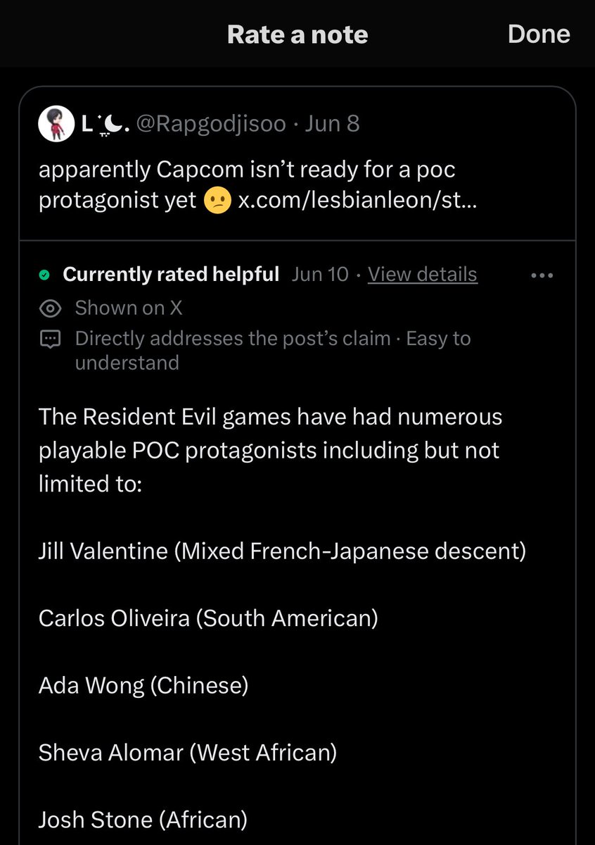 this shit is so dumb. carlos is NATIVE american. josh aint even a main character, he’s only playable in one dlc. sheva hasnt appeared since 2009. jill may be wasian but this info is in the og games, and there’s no evidence that they kept this in the remakes.