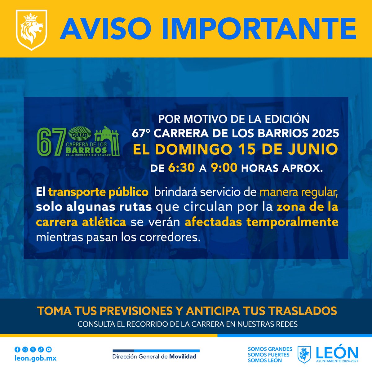 📢 Por carrera atlética 🏃🏼‍♀️🏃🏻habrá afectación provisional en algunas rutas 🚍que circulan por la zona de la carrera, solo mientras pasan los corredores. 

📍Domingo 15 de junio 
⏱️6:30 a 9:30 h.

Revisa el mapa y toma previsiones 👇🏻