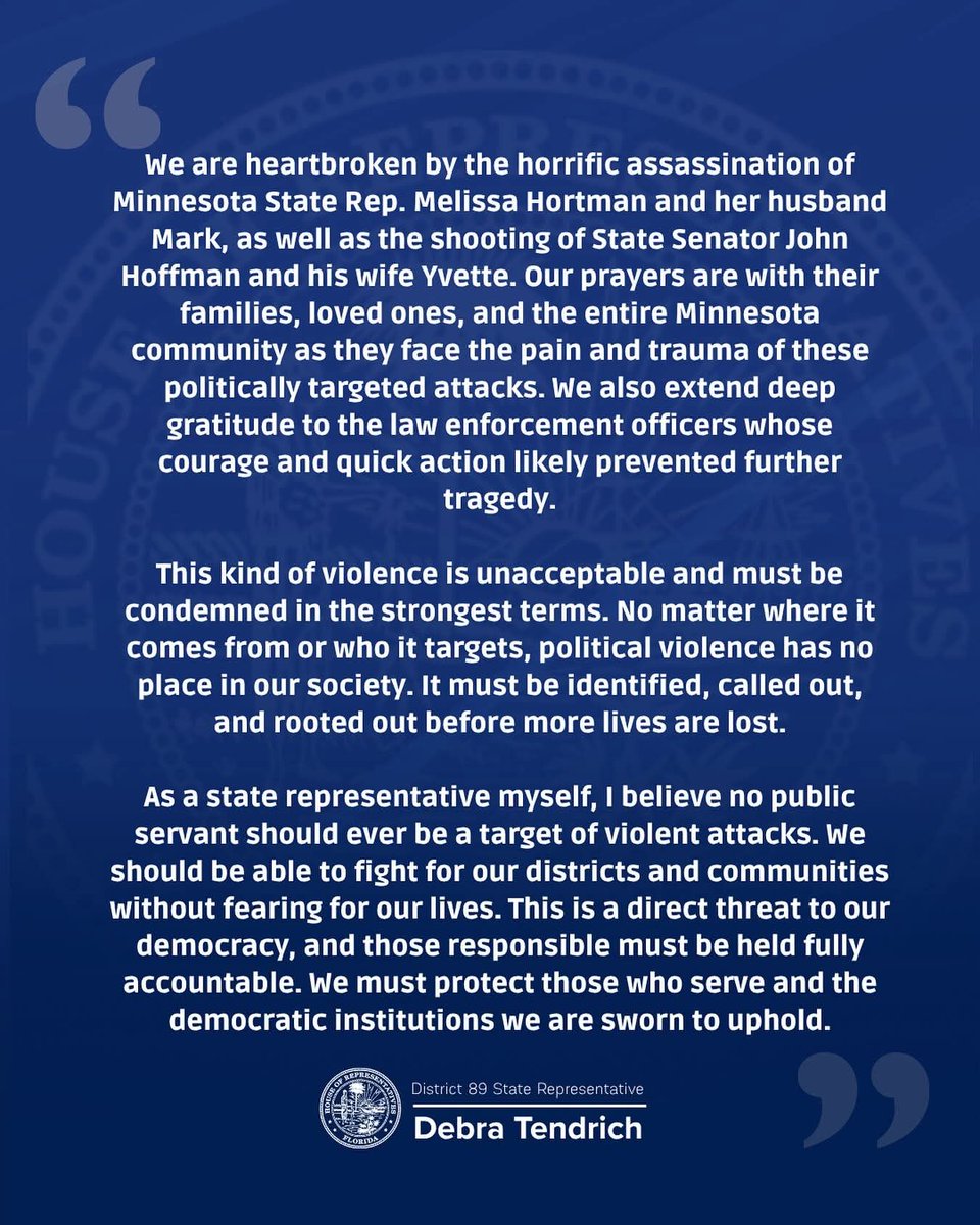 STATEMENT BY REP. TENDRICH
No one serving our communities should ever have to worry about being targeted like this. Political violence is an attack on our democracy, and those responsible must be brought to justice immediately.

#justice #minnesota #debratendrich #reptendrich