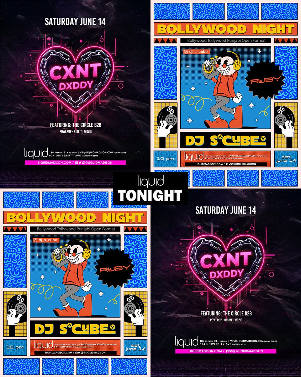 Back at it tonight with 2 diverse events under one roof! Set times below! The Liquid stage sees the headline debut of CXNT DXDDY, a sexy bass project from ZEL &amp; Goonba with a stacked lineup of Madison's bass community!

On Ruby we have the return of DJ S^Cube's legendary