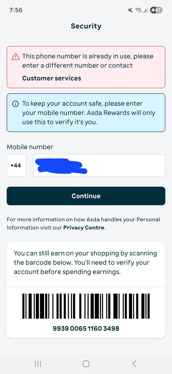 chunkykitkat__'s tweet photo. @AsdaServiceTeam Rewards App keeps asking to verify my phone number but when put it in, I get error message saying that the number is already in use (it's "in use" because I'm using it in for my Asda account, doh). Keeps sending me round and round. Pls help https://t.co/r4n6zhD5b5