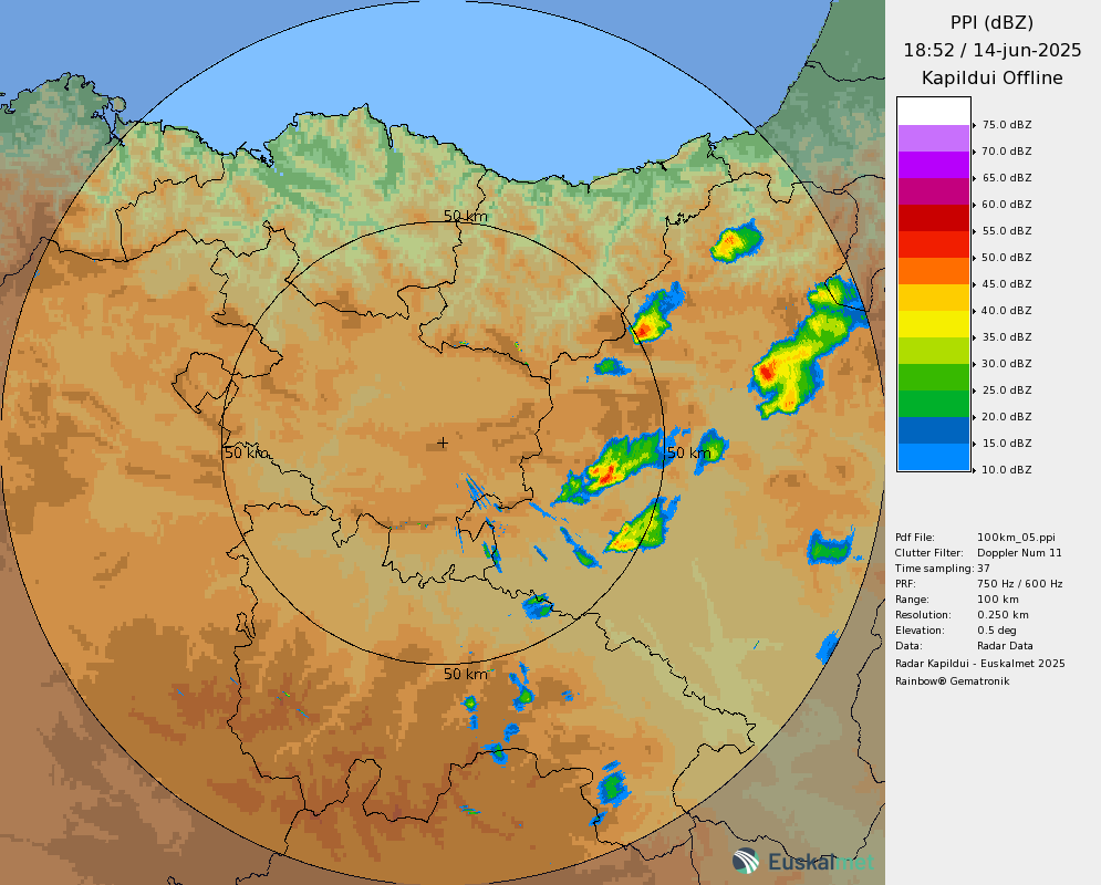 Euskalmet's tweet photo. 📡 #Orain #Ahora #Kapildui

🌩 Nafarroan, Gipuzkoarekin mugan, trumoi-ekaitzen guneak ari dira sortzen, oraingoz ez dute Gipuzkoan eraginik.

🌩 Se están formando núcleos tormentosos en Navarra, en la muga con Gipuzkoa, por ahora no afectan a Gipuzkoa. https://t.co/1eyWBWwOkV
