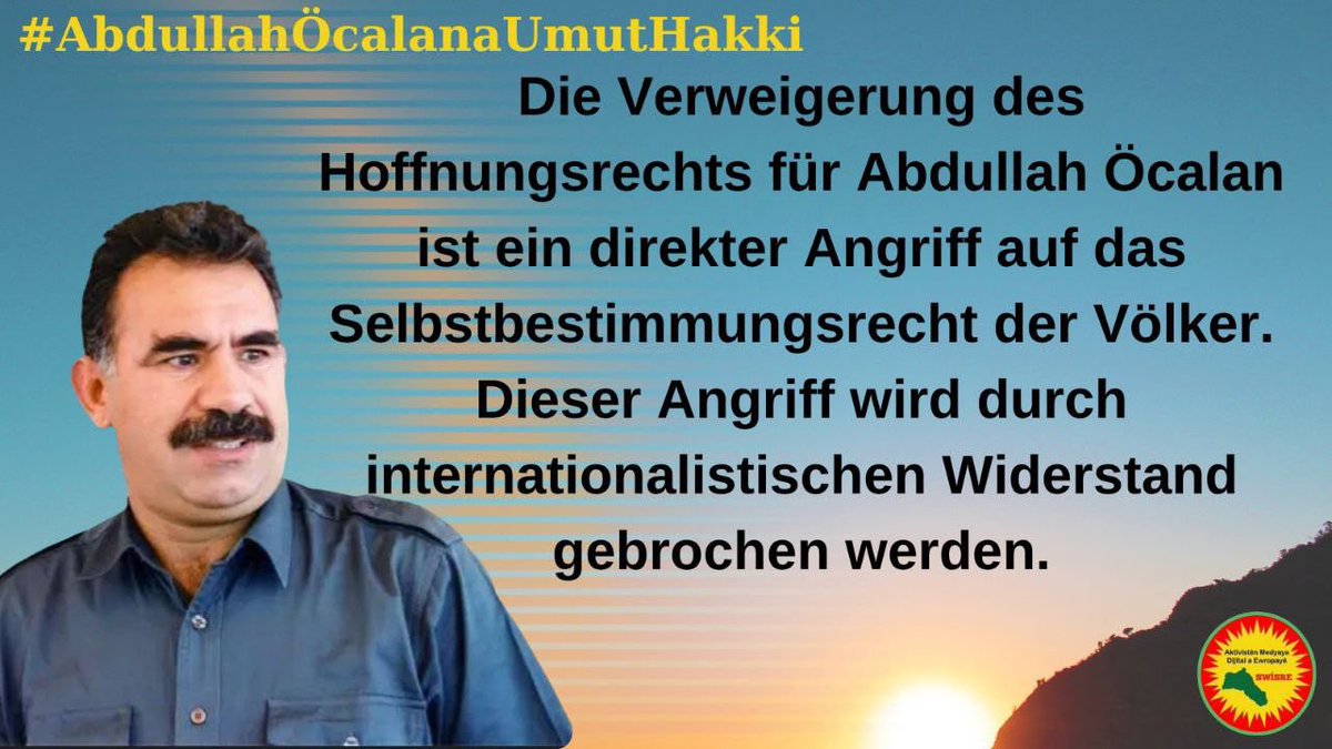 #AbdullahÖcalanaUmutHakki
Granting the right to hope to People's Leader Abdullah Öcalan is key to building a democratic and peaceful
Middle East. To remain silent is to be complicit.