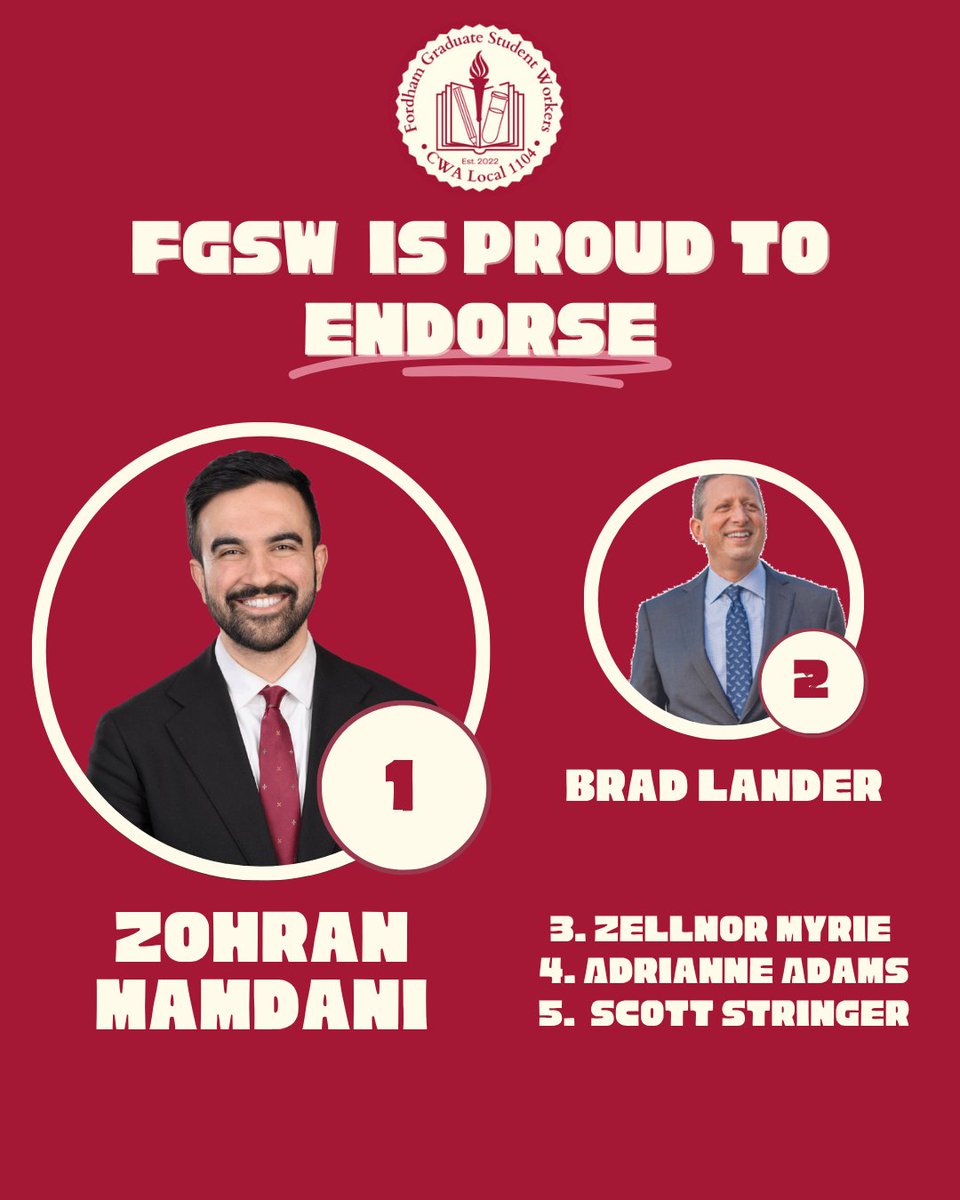 Fordham Graduate Student Workers-CWA (@fordhamgsw) on Twitter photo 🚨 FGSW proudly endorses <a href="/ZohranKMamdani/">Zohran Kwame Mamdani</a> 🚨 a candidate that wants to make this city affordable and puts unions front and center in the fight for a better New York.
Join us in filling your ballot with these other great candidates, and send Cuomo back to the suburbs! 🚨 FGSW proudly endorses <a href="/ZohranKMamdani/">Zohran Kwame Mamdani</a> 🚨 a candidate that wants to make this city affordable and puts unions front and center in the fight for a better New York.
Join us in filling your ballot with these other great candidates, and send Cuomo back to the suburbs!