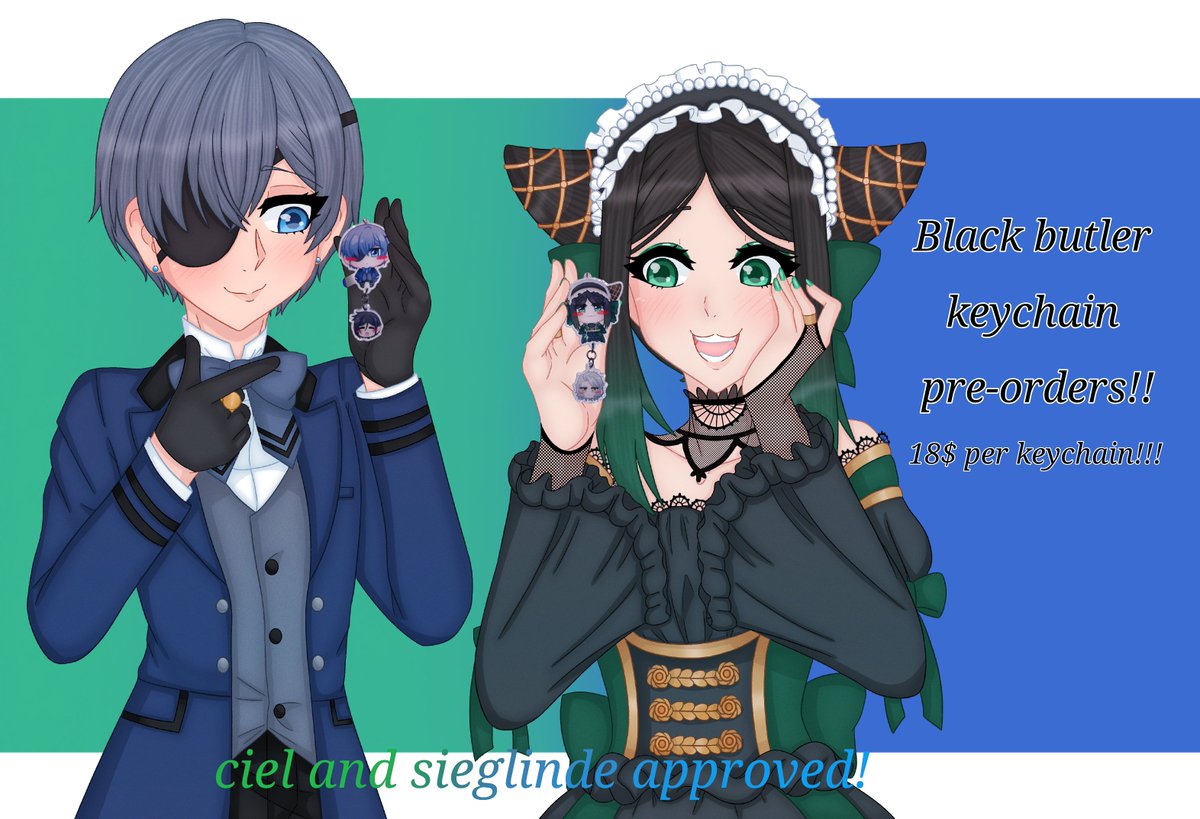 IT IS TIMEEEE!!
preorders now open for my BB keychains!!
Preorders end 5th of july!!

ko-fi.com/s/6a300f47e5
#kuroshituji #sebaciel #blackbutler #Sebastianmichaelis #Cielphantomhive