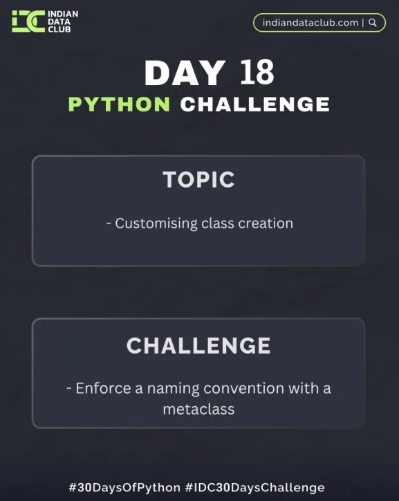 pragati_jag's tweet image. Day 18 of #30DaysOfPython by @indiandataclub 

Metaclass is a rulebook for classes

It runs before the class is created

Used __new__ to block names that don’t start with a capital

If the name is wrong, Python rejects the class.

#Python #Metaclass #IndianDataClub #OOP