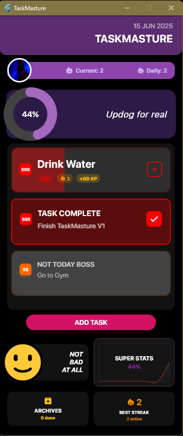 T3JSmusicc's tweet photo. I built a productivity app that gives you XP, streaks, motivational quotes, and even shame emojis when you slack off 💀

It’s called TaskMasture – a gamified daily tracker for Windows.

🔗 https://t.co/m3e8m4cBaO

#BuildInPublic #Flutter #Windows11 #Productivity #SideProject https://t.co/RUPjv46N1o