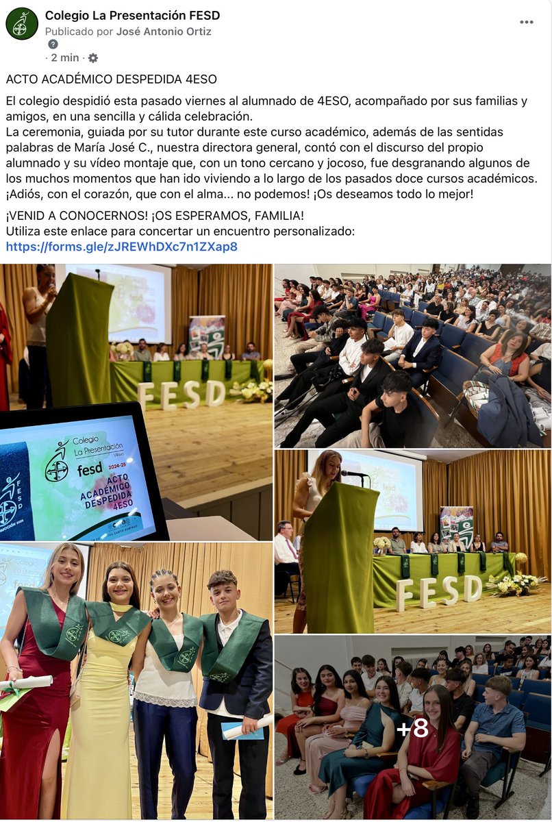 ACTO ACADÉMICO DESPEDIDA 4ESO
El colegio despidió esta pasado viernes al alumnado de 4ESO en una sencilla y cálida celebración.
¡VENID A CONOCERNOS! ¡OS ESPERAMOS, FAMILIA!
Utiliza este enlace para concertar un encuentro personalizado:
forms.gle/zJREWhDXc7n1ZX…