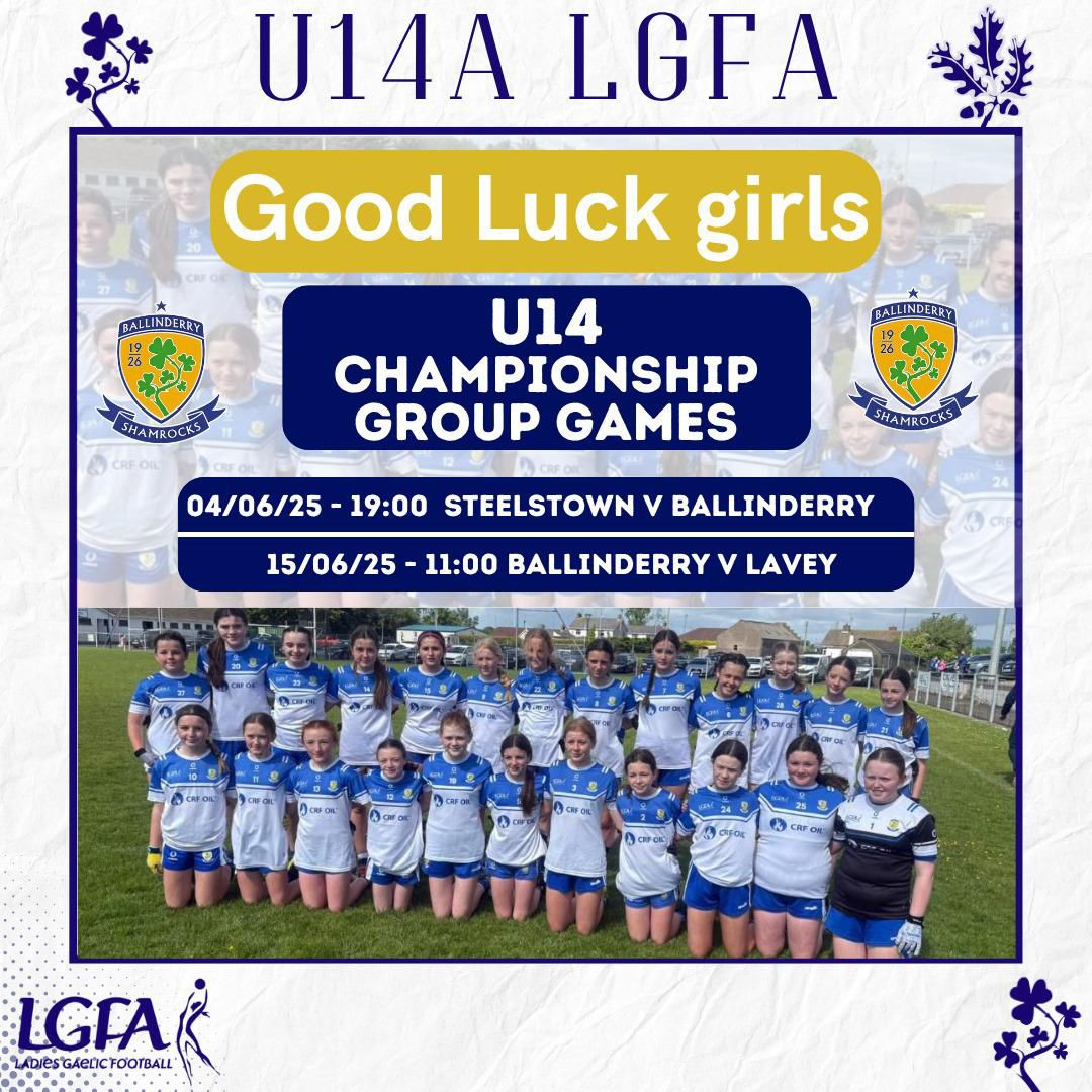 BallinderryGAC's tweet image. It’s a big morning tomorrow for our U14 LGFA team as they take on Lavey in the second round of the round-robin championship, with the match kicking off at 11am at home. Come out and support the girls — either before or after a well-earned big breakfast!☘️☘️ #SundaySorted
