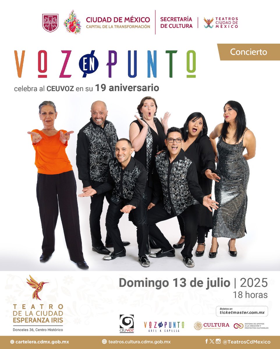 Voz en Punto celebra al CEUVOZ con un viaje sonoro a capella por diferentes épocas, lugares y estilos musicales utilizando los infinitos recursos del más maravilloso instrumento con el que el ser humano ha contado desde siempre: la Voz.

ticketmaster.com.mx/voz-en-punto-c…