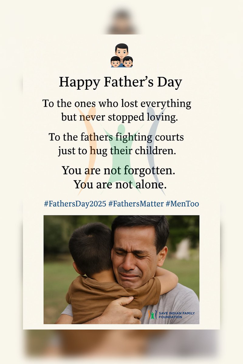 Dear Judiciary,
Fathers are not ATMs.
They are parents, too.
This #FathersDay, we don’t need flowers.
We need equal parenting rights.
#FathersMatter #MensRightsIndia #SIFF