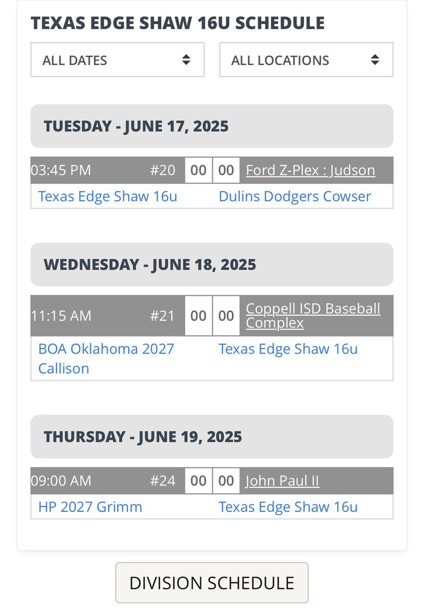 Mason Jung (c/o2027) (@mason_h_jung) on Twitter photo Schedule for this upcoming week at <a href="/FiveToolTexas/">✭Five Tool Texas✭</a> Pudge World Series, Looking forward to it!
<a href="/TexasEdge/">Texas Edge</a> <a href="/DustinLMcComas/">Dustin McComas</a> <a href="/PaschalBaseball/">PaschalBaseball</a> <a href="/FiveTool/">Five Tool Baseball</a> <a href="/RocknRake/">Brian Reagan</a> <a href="/TXHSBSBL/">TXHS BSBL</a> Schedule for this upcoming week at <a href="/FiveToolTexas/">✭Five Tool Texas✭</a> Pudge World Series, Looking forward to it!
<a href="/TexasEdge/">Texas Edge</a> <a href="/DustinLMcComas/">Dustin McComas</a> <a href="/PaschalBaseball/">PaschalBaseball</a> <a href="/FiveTool/">Five Tool Baseball</a> <a href="/RocknRake/">Brian Reagan</a> <a href="/TXHSBSBL/">TXHS BSBL</a>