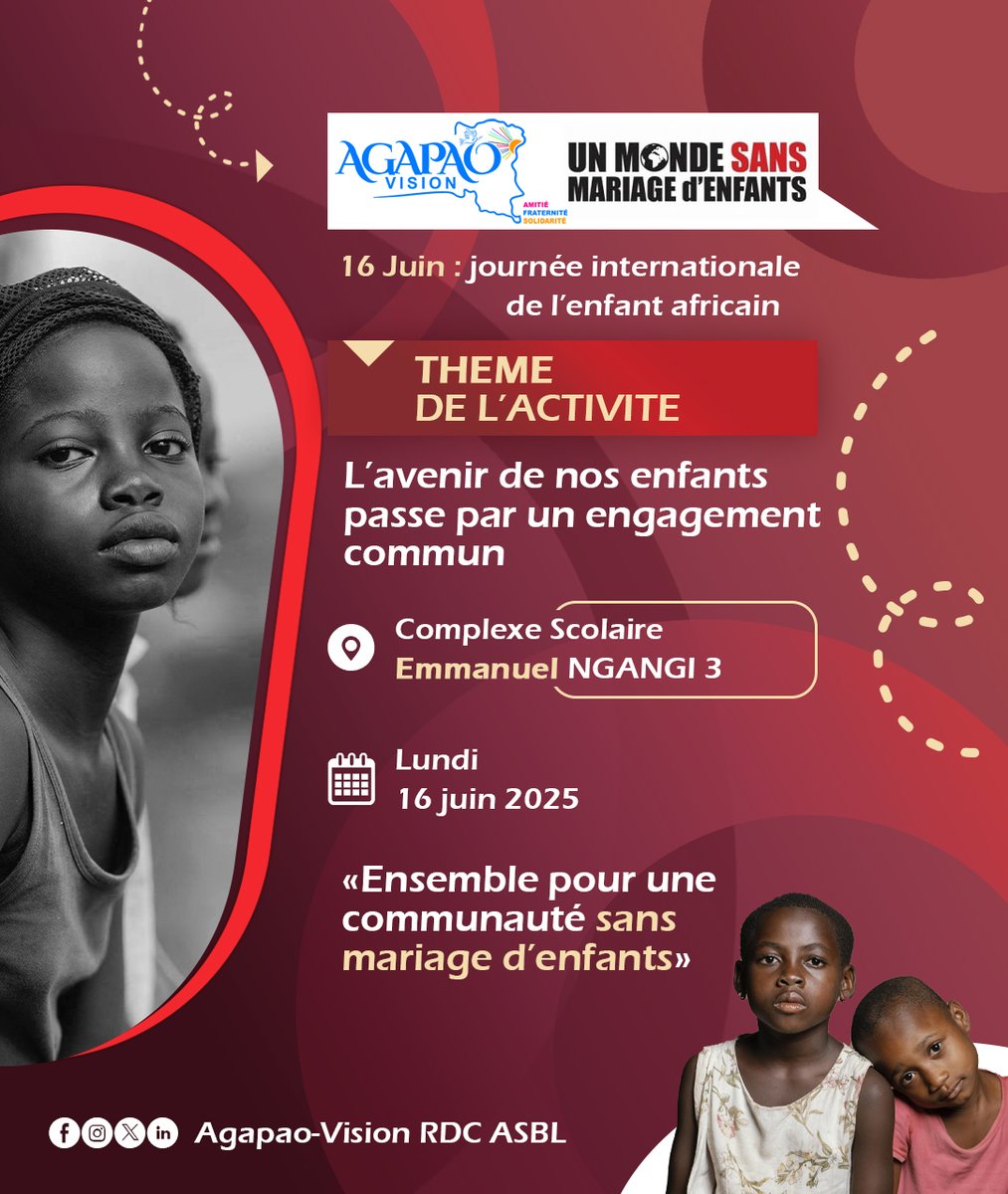 AGAPAO_RDC's tweet photo. L'avenir de nos enfants passe par un engagement commun. Ensemble créons de communautés qui protègent les enfants contre des adultes qui voudraient les épouser avant l'âge requis. Ce 16-juin-2025 journée internationale de l'enfant africain  au complexe scolaire Emmanuel Nyiragongo https://t.co/Px7TvKKdg1