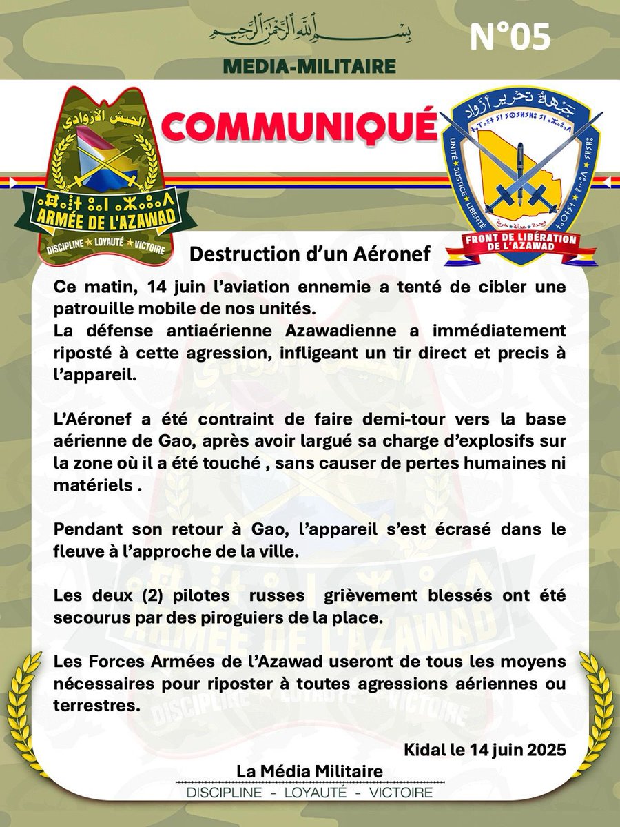 FLAZAWAD's tweet image. #FLA Un avion ennemi abattu par les Forces Azawadiennes