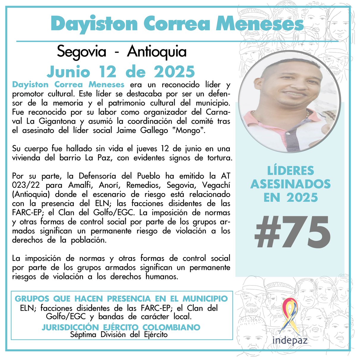 🔴 #75LíderesAsesinados

👥 Nombre: Dayiston Correa Meneses
📆 Fecha: 12/06/25
📍 Lugar: Segovia, Antioquia

➡️ Dayiston Correa Meneses era un reconocido líder y promotor cultural. Este líder se destacaba por ser un defensor de la memoria y el patrimonio cultural del municipio.