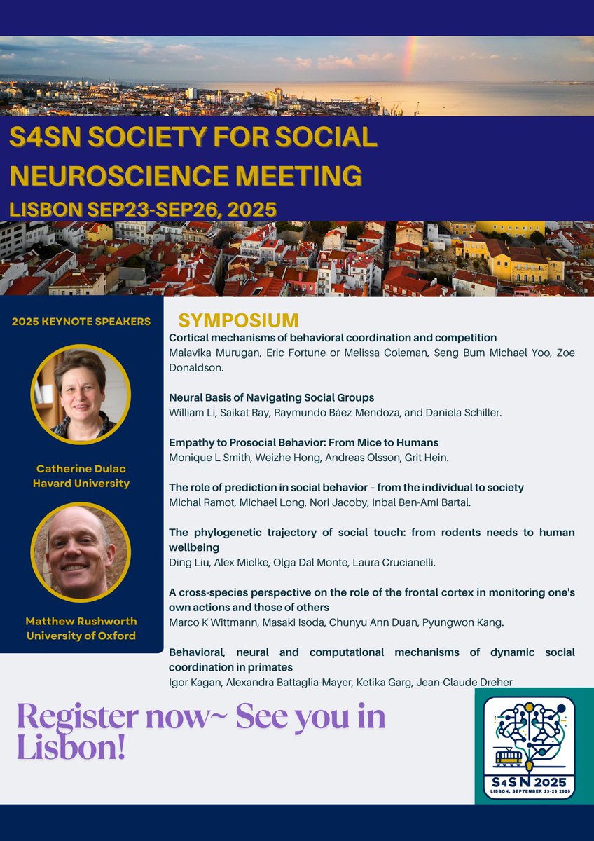Steve W. C. Chang (@stevewcchang) on Twitter photo Please join us in Lisbon for the 2025 S4SN (<a href="/S4SNeuro/">Society for Social Neuroscience</a>) meeting this year. We have a wonderful set of speakers and symposium sessions!! 👇👇👇 Please join us in Lisbon for the 2025 S4SN (<a href="/S4SNeuro/">Society for Social Neuroscience</a>) meeting this year. We have a wonderful set of speakers and symposium sessions!! 👇👇👇