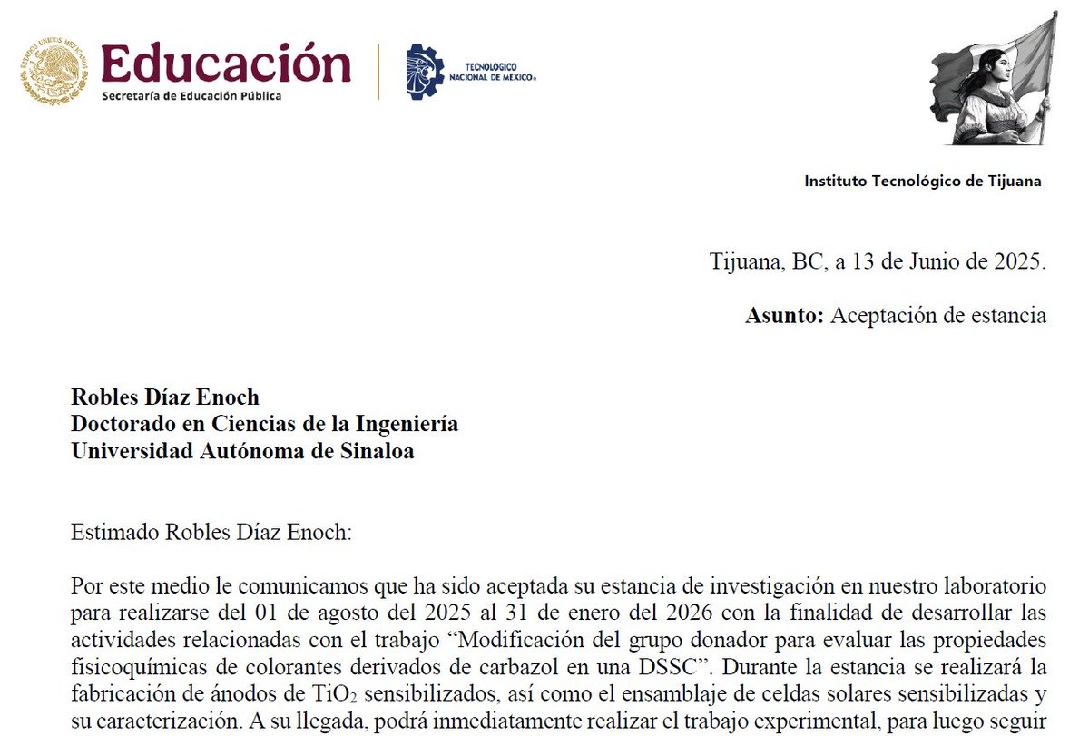 Les comparto, la verdad me siento contento porque el proximo semestre (Ago/Ene) ire a mis estancia doctoral y a procesar nanotubos de carbono  (NTC) para celdas solares organicas (DSSC) y con eso avanzar en mi investigación doctoral... un abrazo gigante a todos y muchas gracias!!